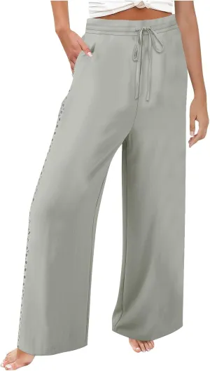 Womens Summer Linen Pants Beach Vacation Clothing Wide Leg High Waisted Drawstring Lace Cutout Linen Pants Trousers