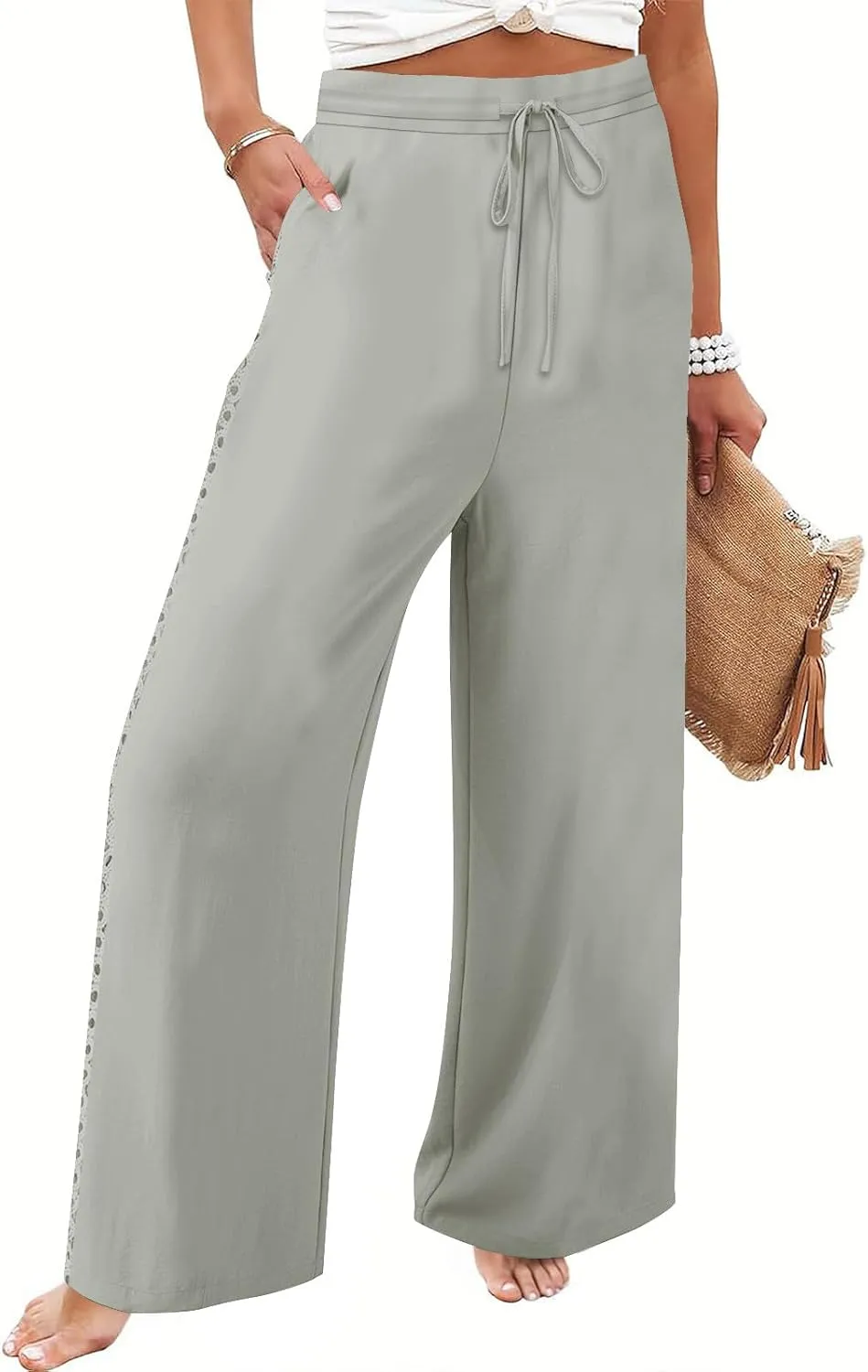 Womens Summer Linen Pants Beach Vacation Clothing Wide Leg High Waisted Drawstring Lace Cutout Linen Pants Trousers