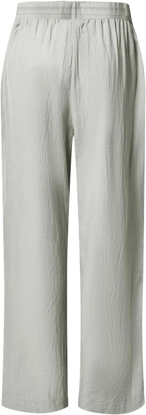 Womens Summer Linen Pants Beach Vacation Clothing Wide Leg High Waisted Drawstring Lace Cutout Linen Pants Trousers