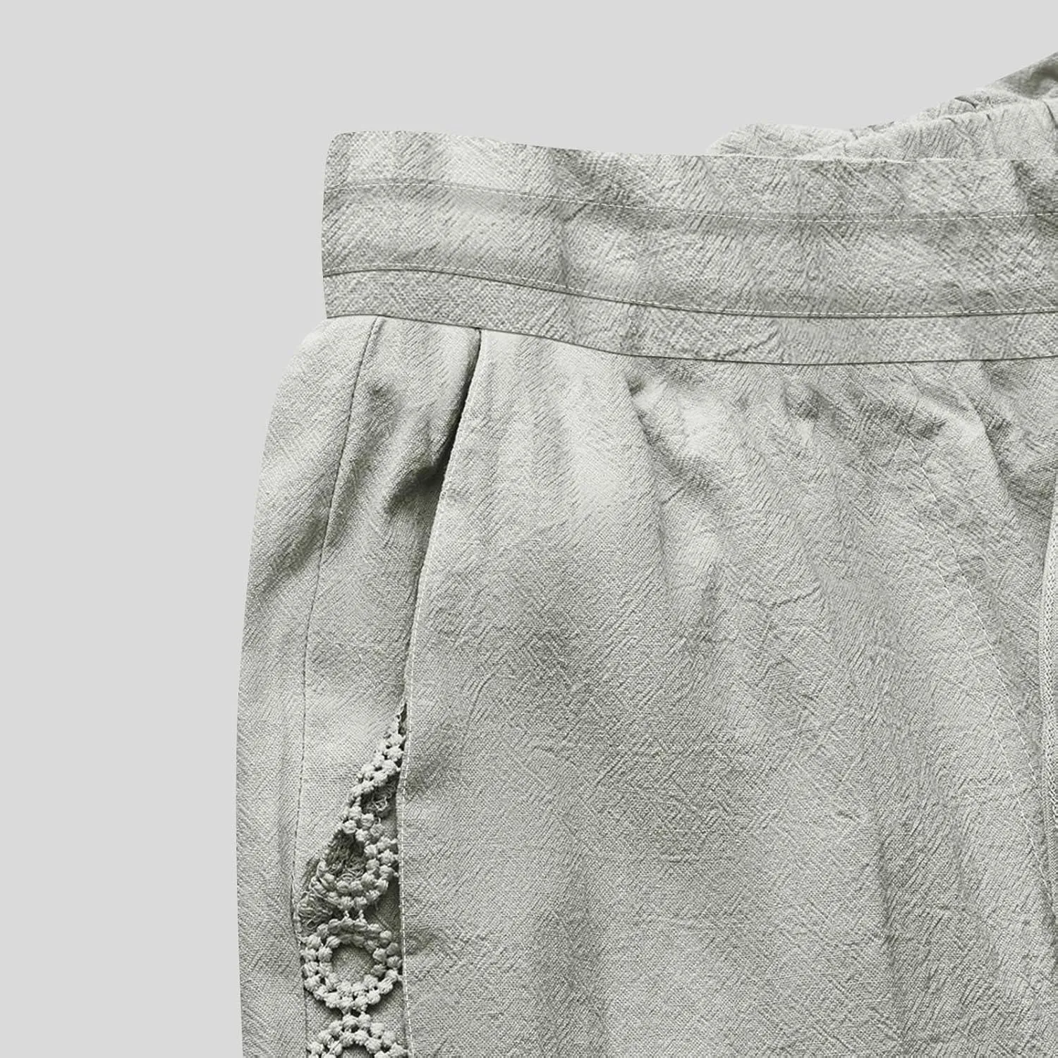 Womens Summer Linen Pants Beach Vacation Clothing Wide Leg High Waisted Drawstring Lace Cutout Linen Pants Trousers