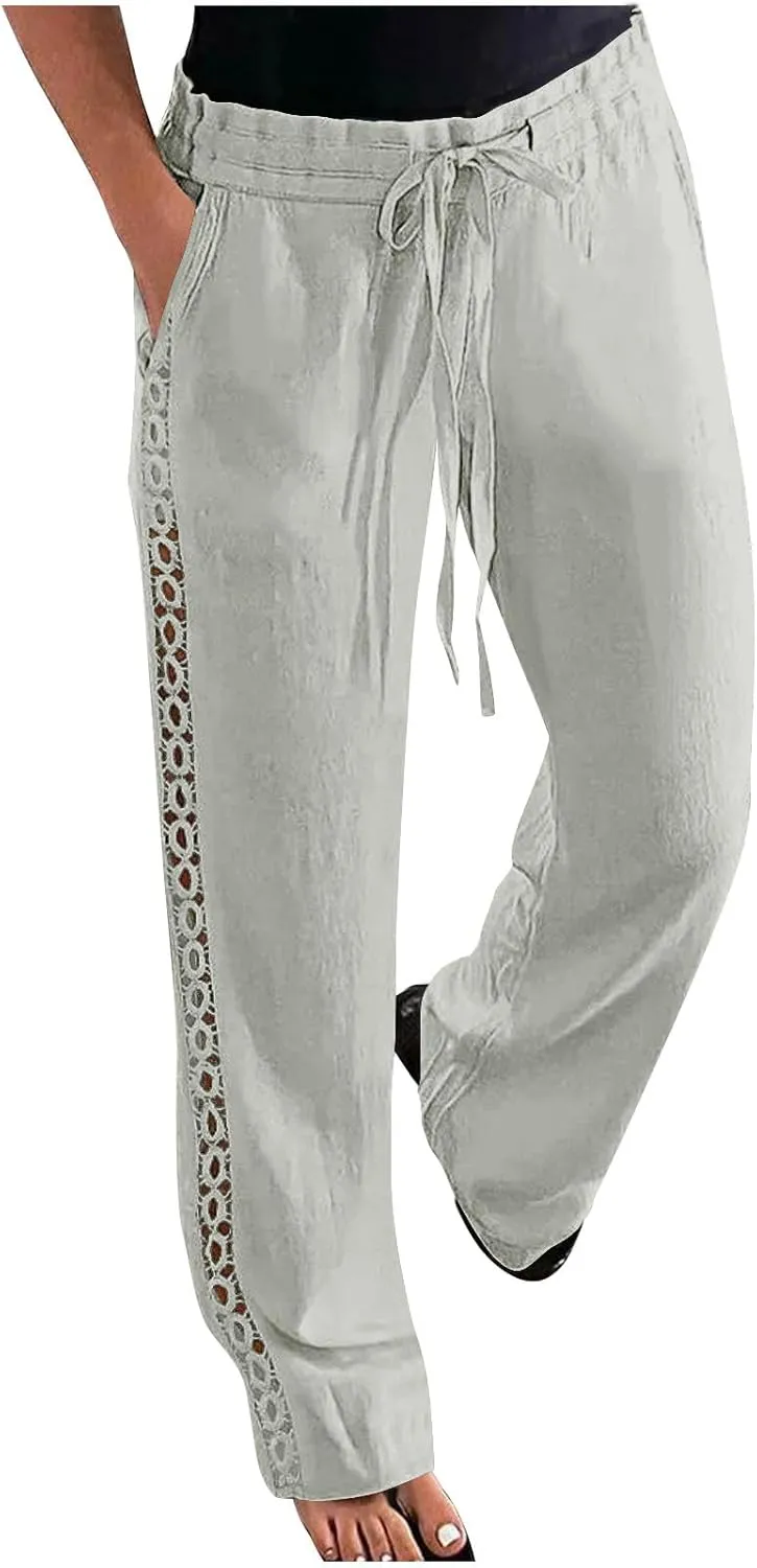 Womens Summer Linen Pants Beach Vacation Clothing Wide Leg High Waisted Drawstring Lace Cutout Linen Pants Trousers