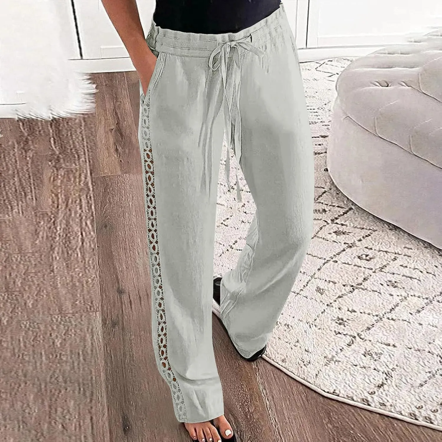 Womens Summer Linen Pants Beach Vacation Clothing Wide Leg High Waisted Drawstring Lace Cutout Linen Pants Trousers