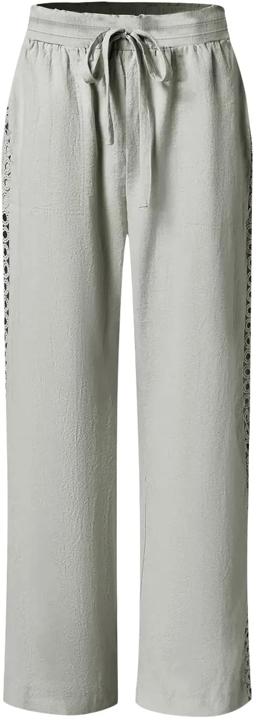 Womens Summer Linen Pants Beach Vacation Clothing Wide Leg High Waisted Drawstring Lace Cutout Linen Pants Trousers