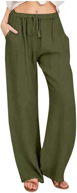 Womens Summer Linen Pants Casual Button up High Waisted Pant Dressy Wide Leg Long Trousers Pant Palazzo Lounge Pants