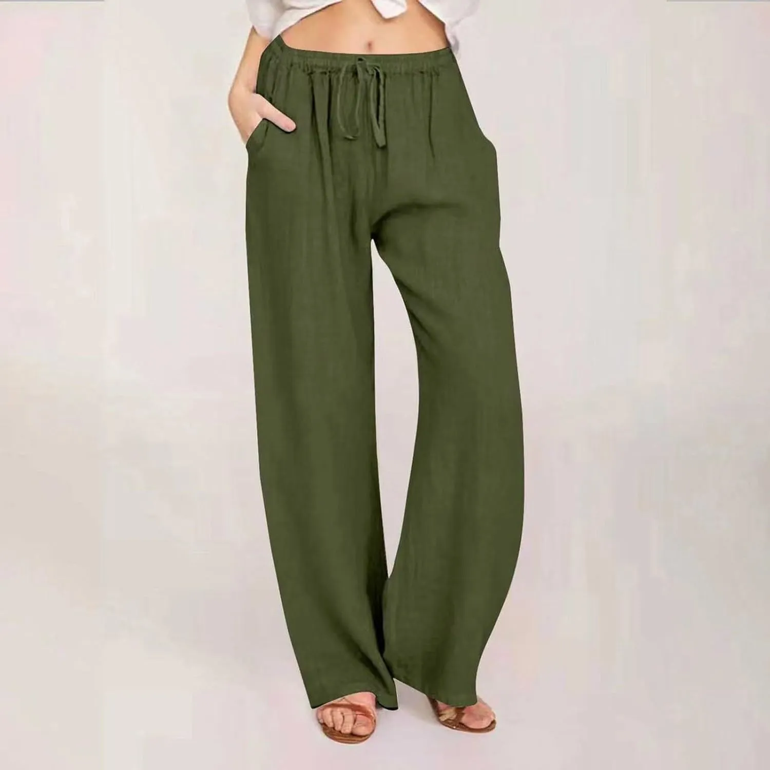 Womens Summer Linen Pants Casual Button up High Waisted Pant Dressy Wide Leg Long Trousers Pant Palazzo Lounge Pants