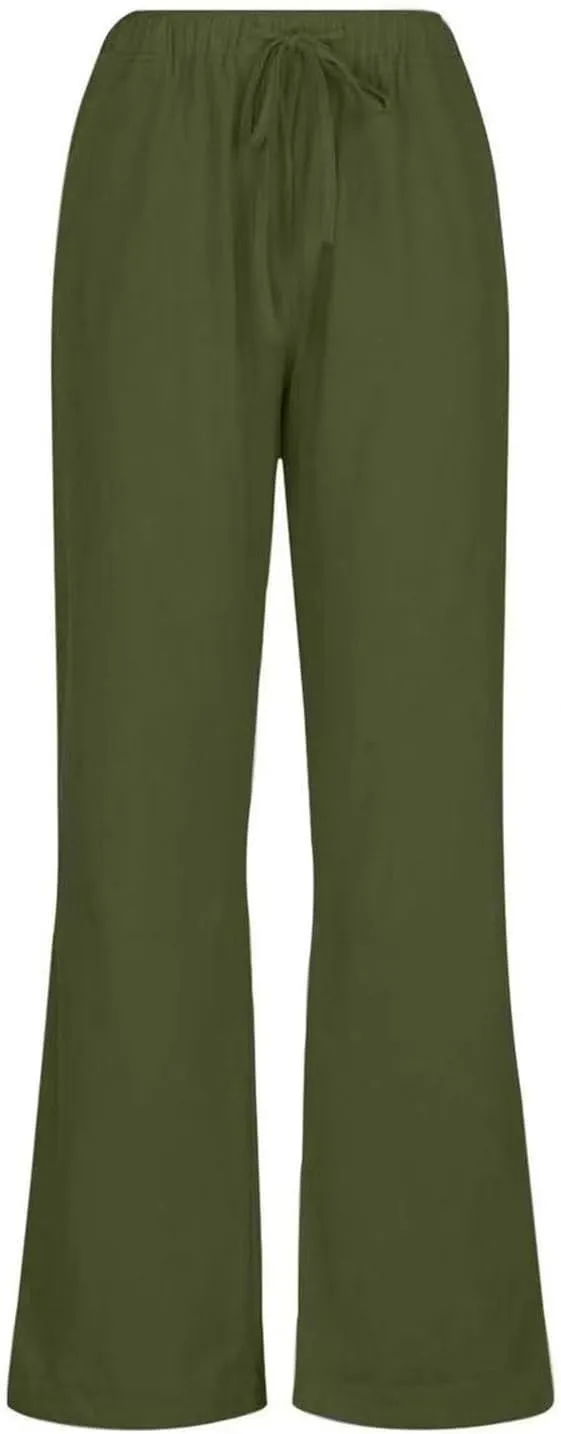 Womens Summer Linen Pants Casual Button up High Waisted Pant Dressy Wide Leg Long Trousers Pant Palazzo Lounge Pants