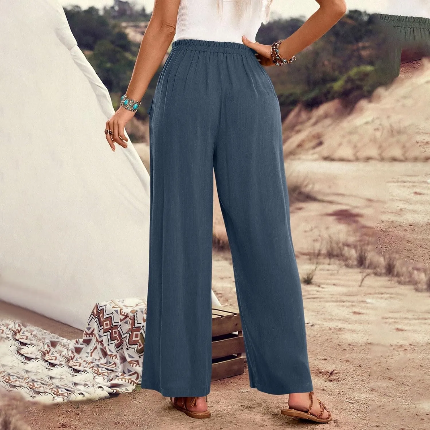 Womens Summer Linen Pants Wide Leg High Waist Flowy Palazzo Button Pockets Casual Drawstring Beach Trousers