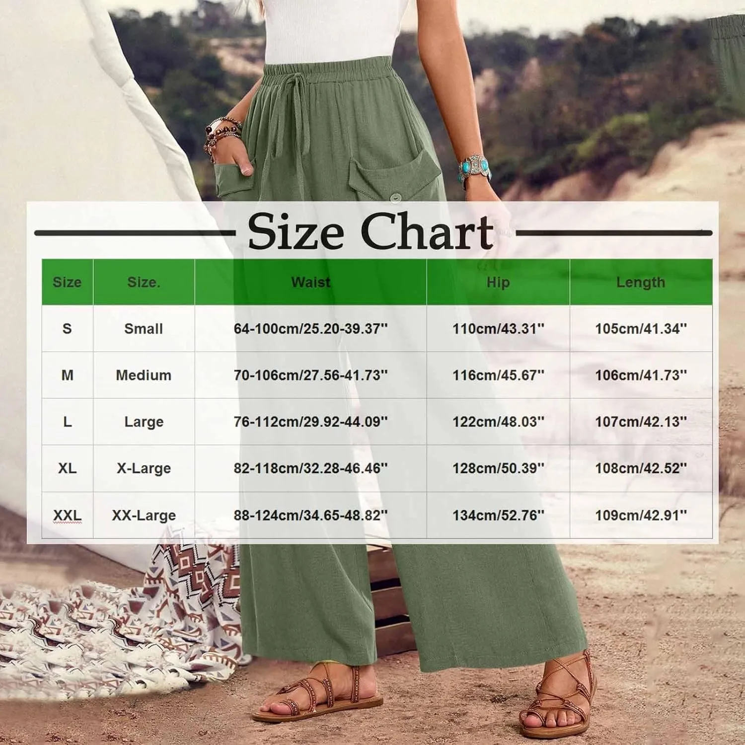 Womens Summer Linen Pants Wide Leg High Waist Flowy Palazzo Button Pockets Casual Drawstring Beach Trousers