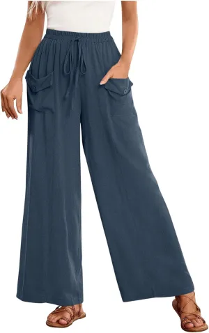 Womens Summer Linen Pants Wide Leg High Waist Flowy Palazzo Button Pockets Casual Drawstring Beach Trousers