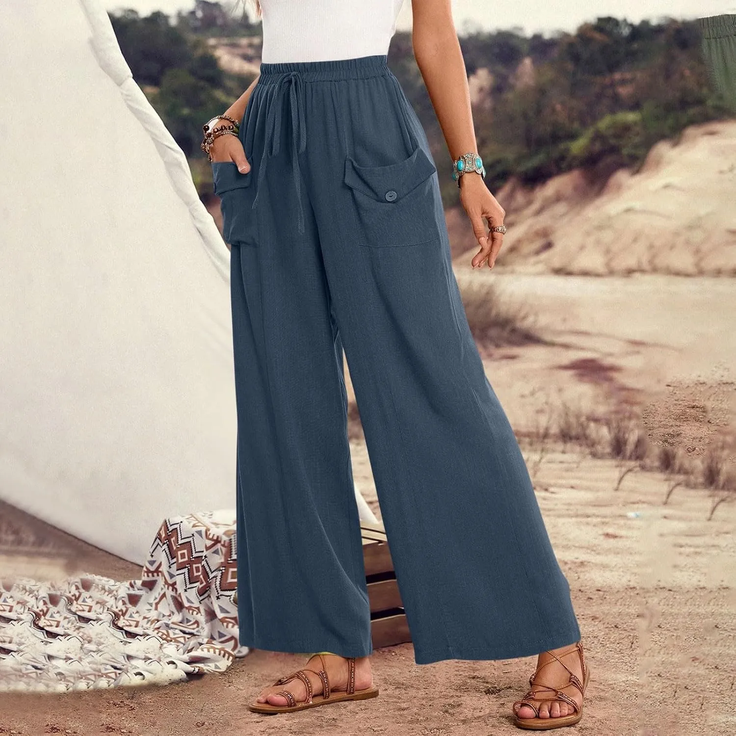 Womens Summer Linen Pants Wide Leg High Waist Flowy Palazzo Button Pockets Casual Drawstring Beach Trousers