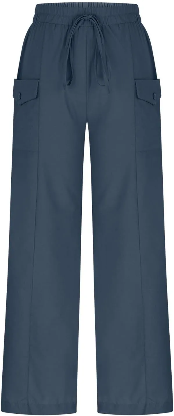 Womens Summer Linen Pants Wide Leg High Waist Flowy Palazzo Button Pockets Casual Drawstring Beach Trousers