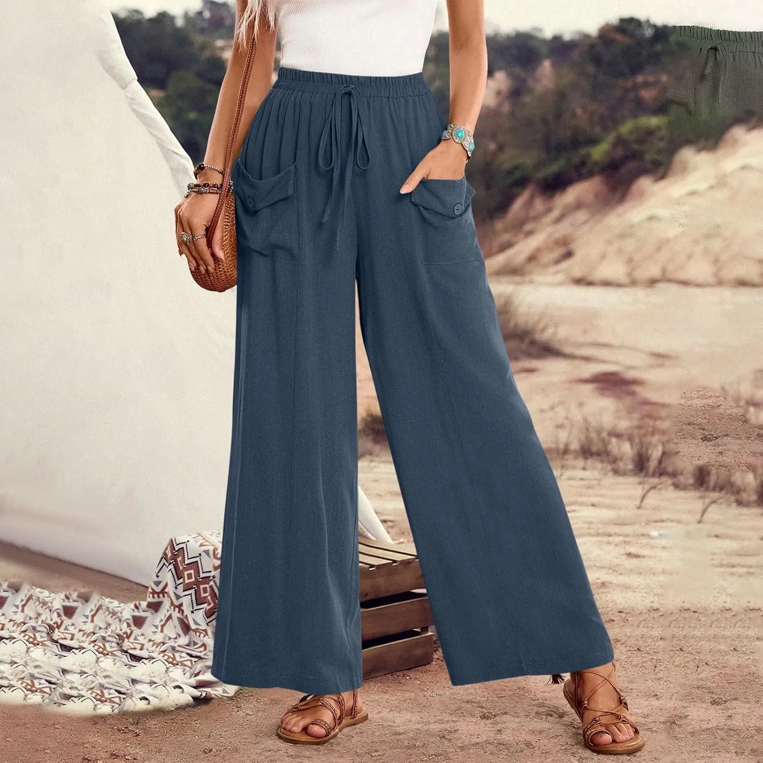 Womens Summer Linen Pants Wide Leg High Waist Flowy Palazzo Button Pockets Casual Drawstring Beach Trousers