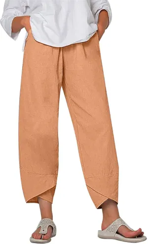 Womens Summer Pants Cotton Linen Wide Leg Harem Trousers Casual Loose Fit Flowy Elastic Waist Palazzo with Pockets
