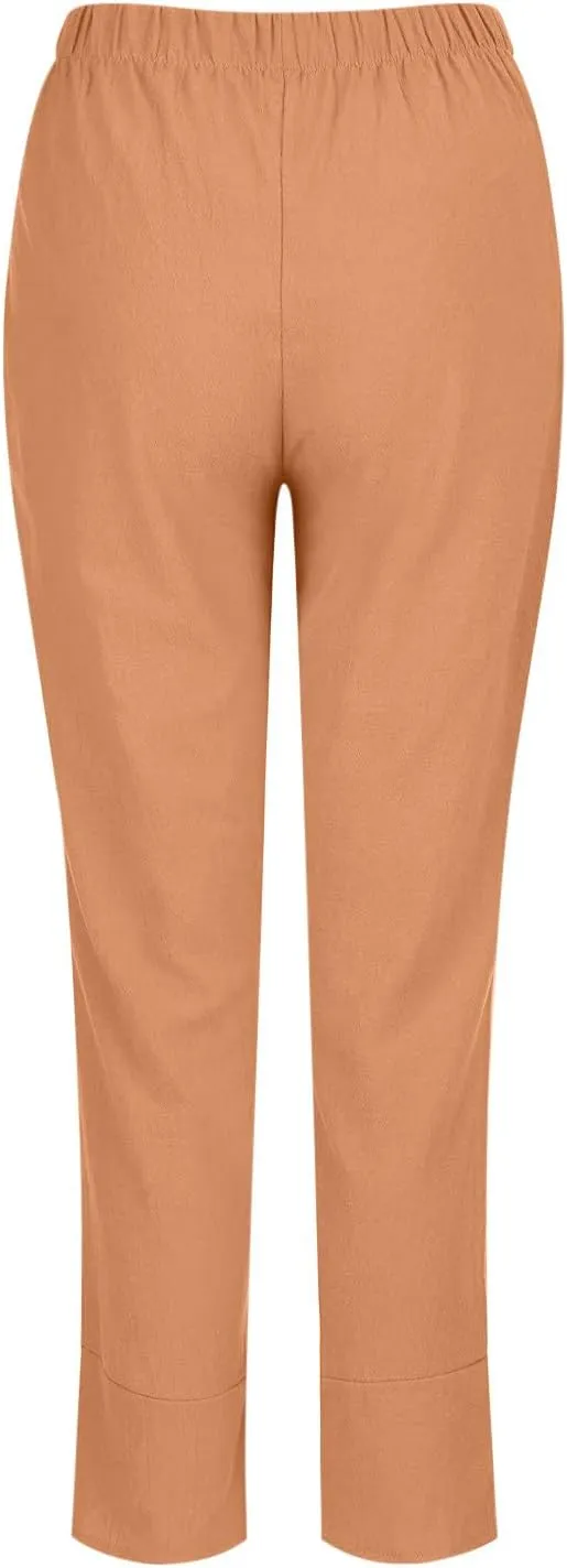 Womens Summer Pants Cotton Linen Wide Leg Harem Trousers Casual Loose Fit Flowy Elastic Waist Palazzo with Pockets