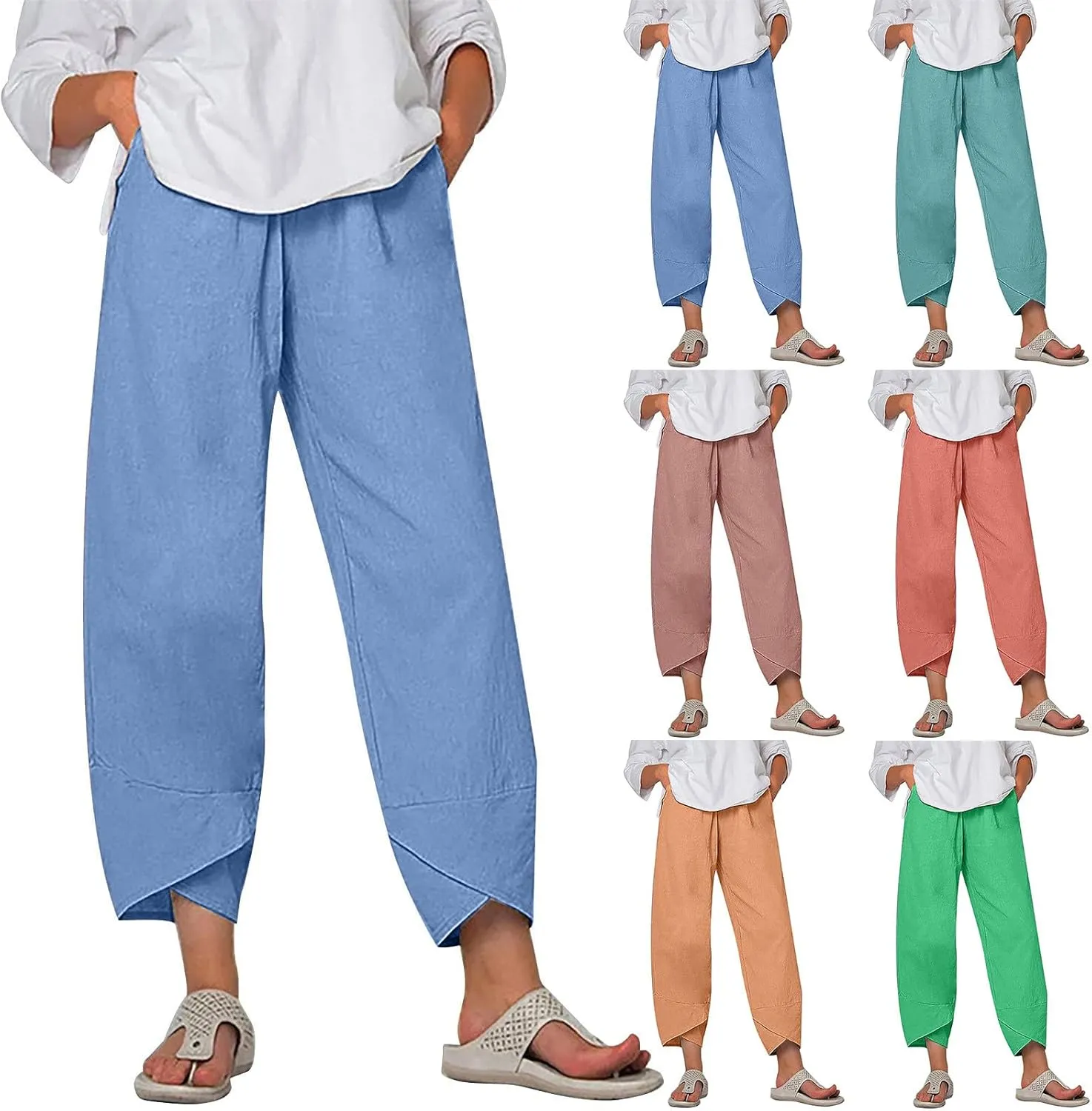 Womens Summer Pants Cotton Linen Wide Leg Harem Trousers Casual Loose Fit Flowy Elastic Waist Palazzo with Pockets