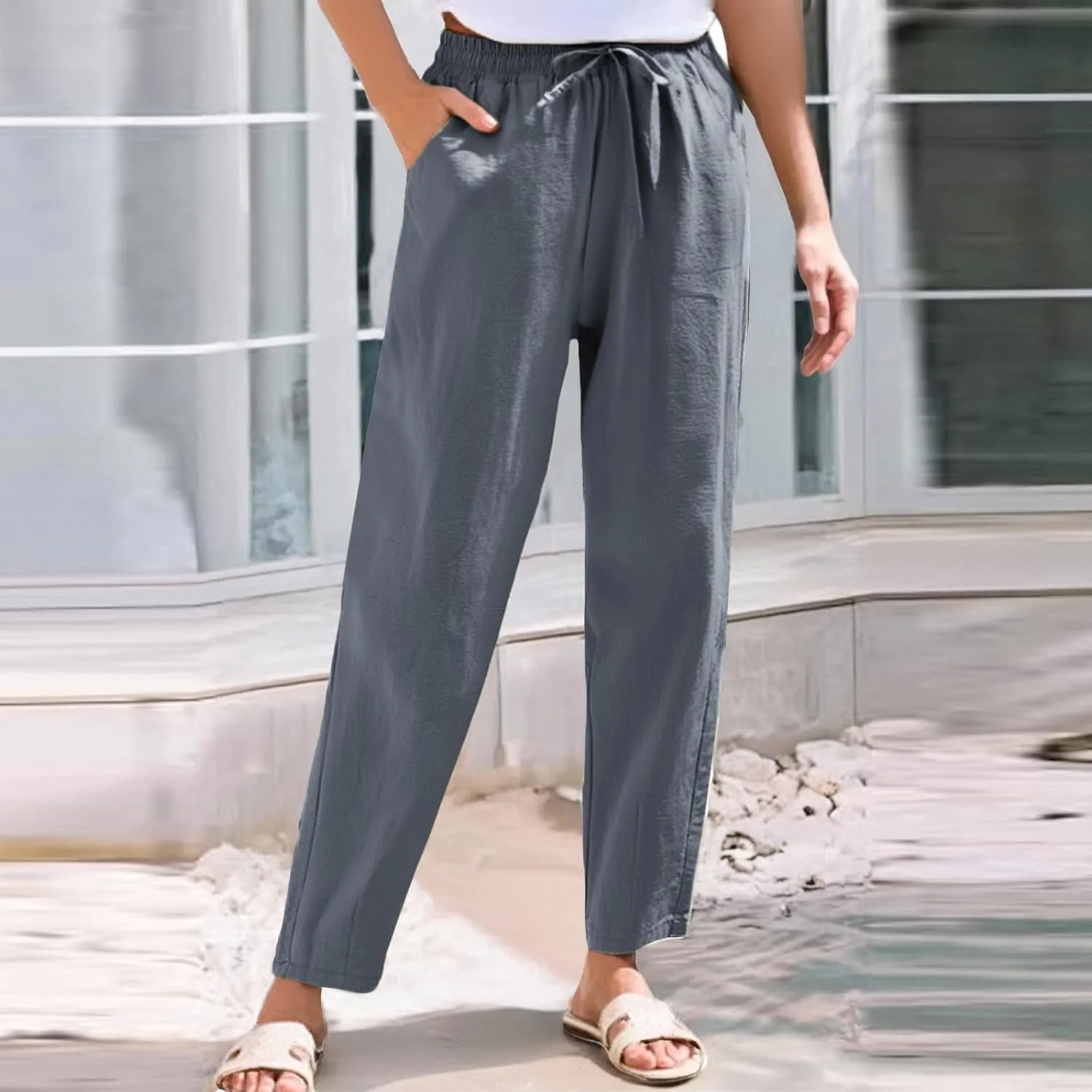 Womens Sweatpants, Peasant Pants Linen Straight Leg Casual Drawstring Cotton Plus Size