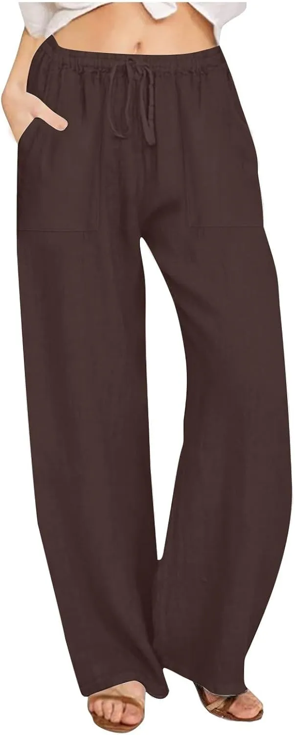 Womens Wide Leg Linen Pants Casual Summer Elastic Waist Loose Palazzo Trousers Flowy Beach Lounge Pants with Pockets