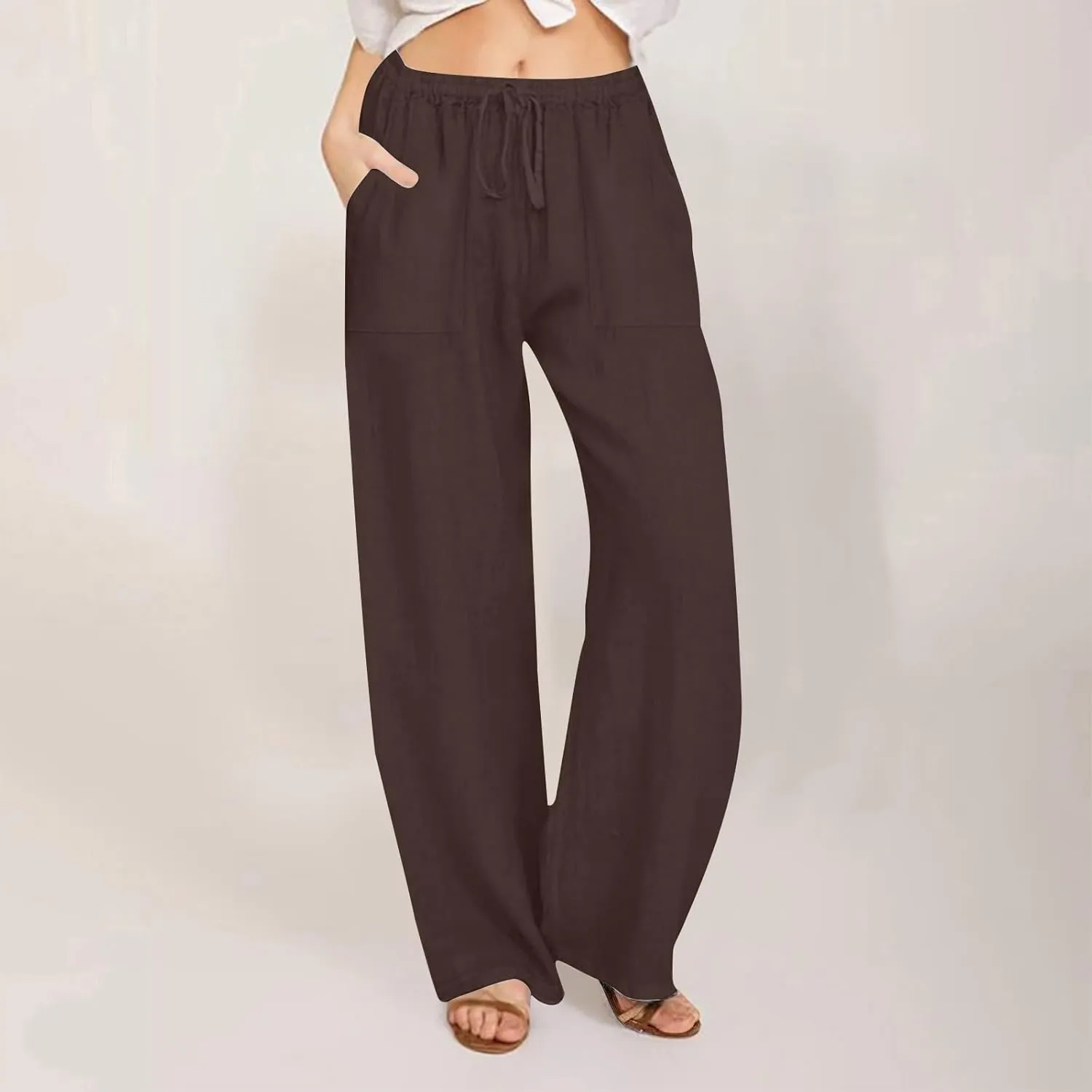 Womens Wide Leg Linen Pants Casual Summer Elastic Waist Loose Palazzo Trousers Flowy Beach Lounge Pants with Pockets