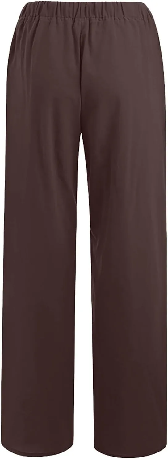 Womens Wide Leg Linen Pants Casual Summer Elastic Waist Loose Palazzo Trousers Flowy Beach Lounge Pants with Pockets
