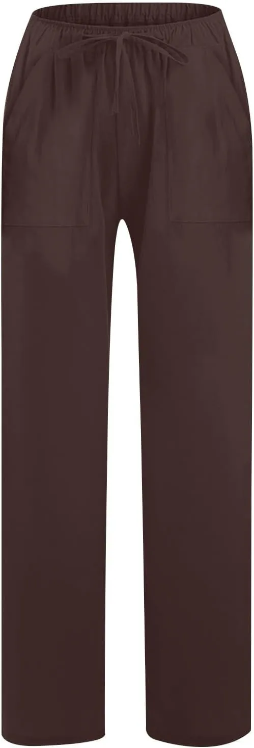 Womens Wide Leg Linen Pants Casual Summer Elastic Waist Loose Palazzo Trousers Flowy Beach Lounge Pants with Pockets