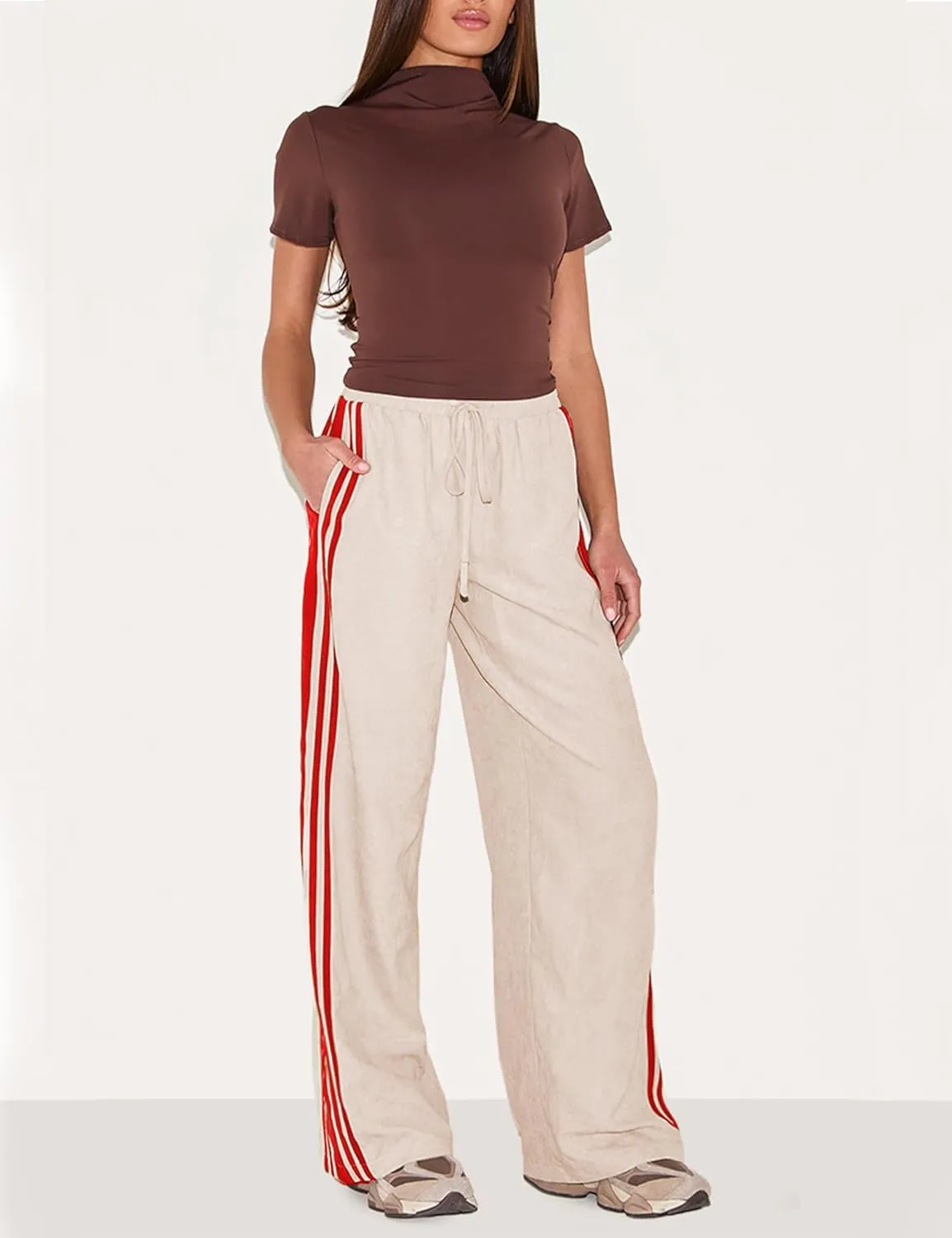 Women's Wide Leg Pants Side Striped Drawstring Palazzo Pants with Pockets