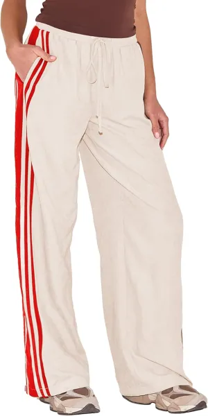 Women's Wide Leg Pants Side Striped Drawstring Palazzo Pants with Pockets