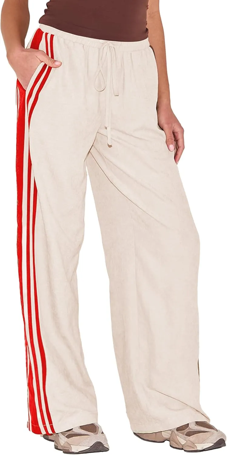 Women's Wide Leg Pants Side Striped Drawstring Palazzo Pants with Pockets