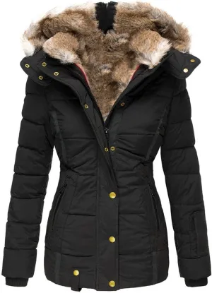 Womens Winter Coats Zip Hooded Faux Fur Inside Down Jackets Fleece Lined Padded Coat Thick Warm Windproof Trench Coat