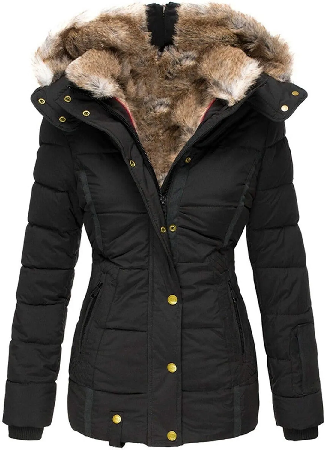 Womens Winter Coats Zip Hooded Faux Fur Inside Down Jackets Fleece Lined Padded Coat Thick Warm Windproof Trench Coat