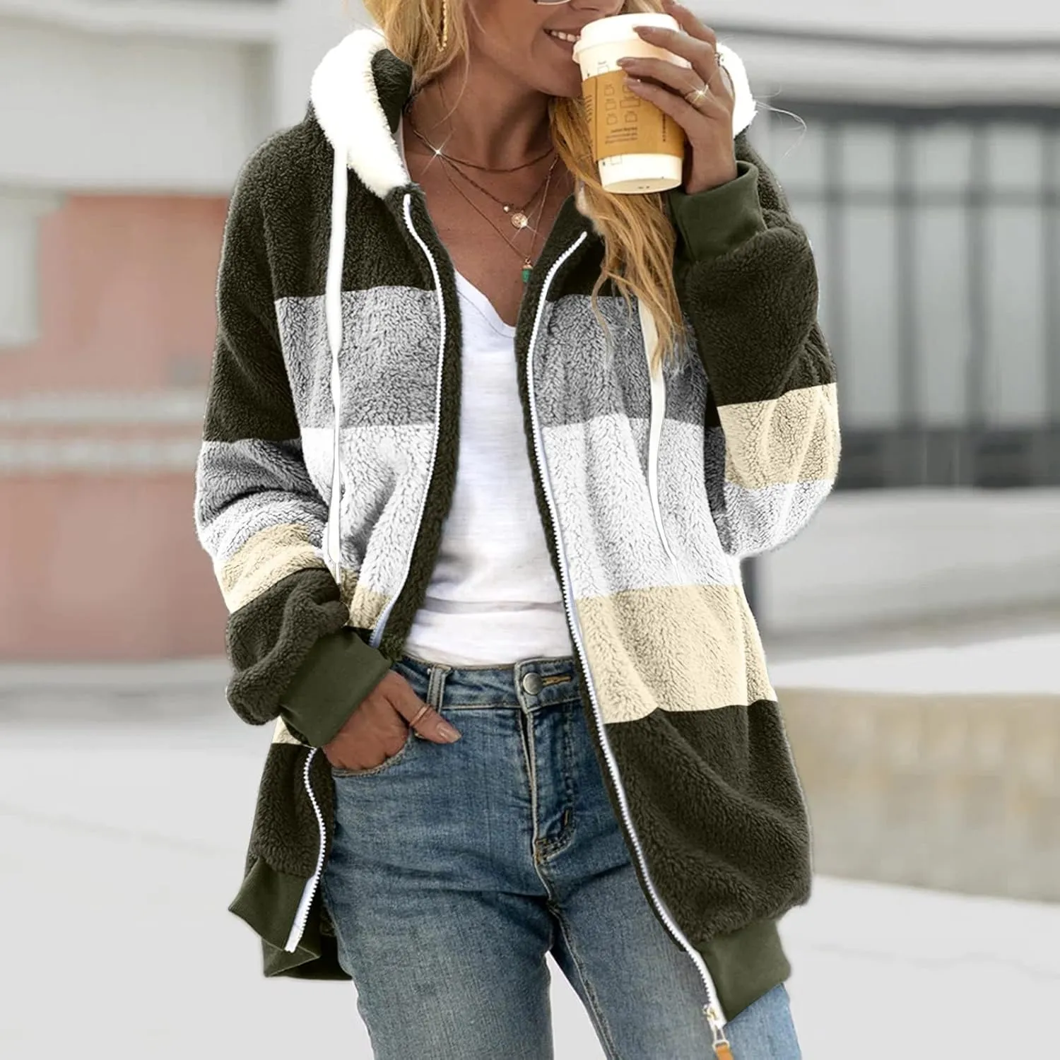 Women'S Winter Hoodies Loose Solid Color Artificial Wool Zipper Drawstring Long-Sleeved Warm Heavyweight Sweatshirt