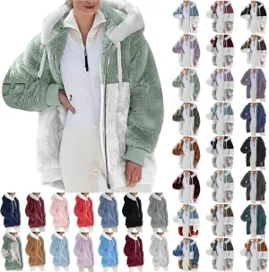 Wool Coats for Women Oversized Fuzzy Fleece Faux Fur Jacket Hooded Color Block Patchwork Coat Winter Coat 2024