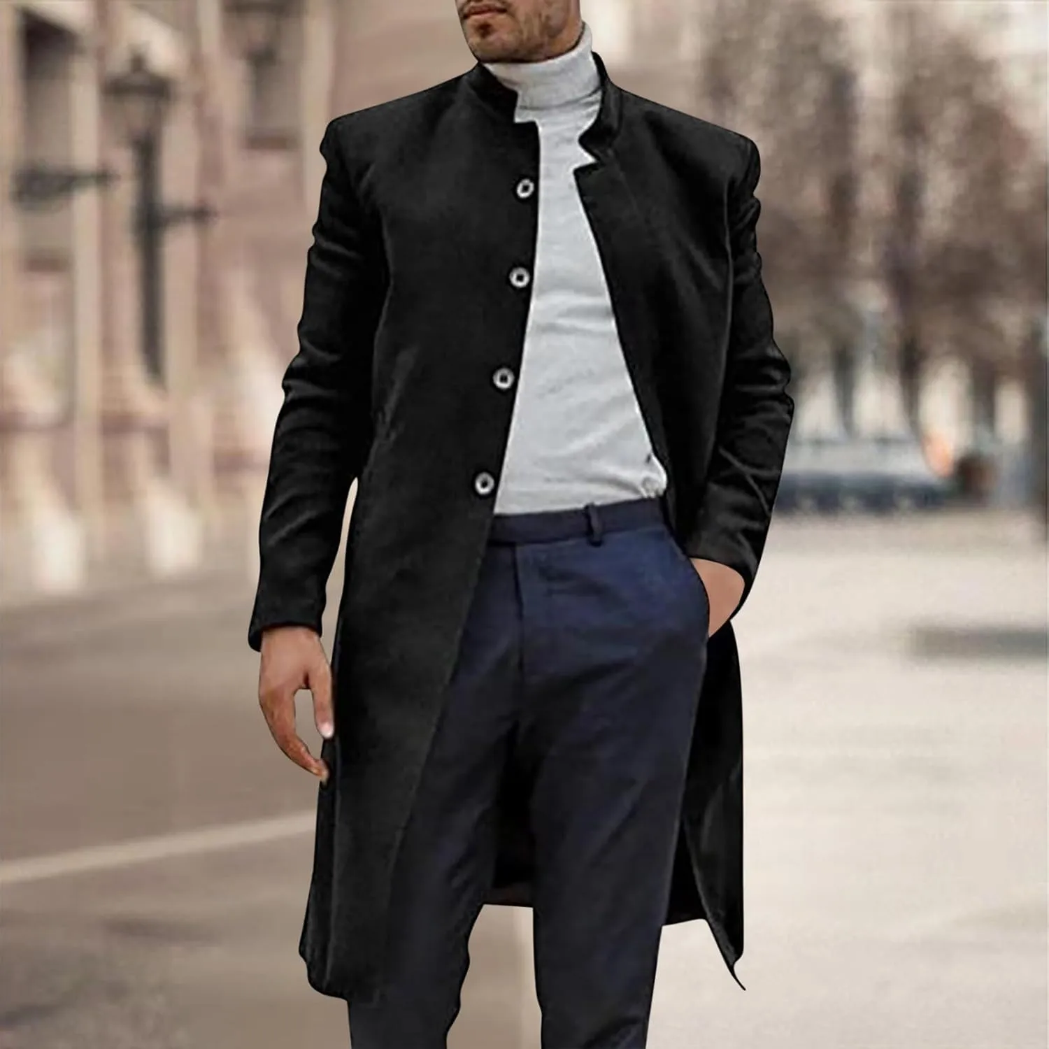 XUNRYAN Mens Wool Blend Pea Coat Notched Collar Single Breasted Overcoat Warm Winter Trench Coat Mid Long Jacket Work Outwear