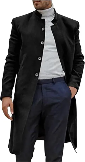 XUNRYAN Mens Wool Blend Pea Coat Notched Collar Single Breasted Overcoat Warm Winter Trench Coat Mid Long Jacket Work Outwear