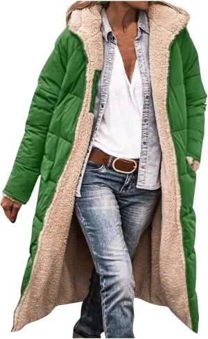XUNRYAN Womens Winter Sherpa Puffer Jackets Zip Up Long Parka Quilted Lightweight Down Coat Fleece Lined Outdoor Anorak Hood