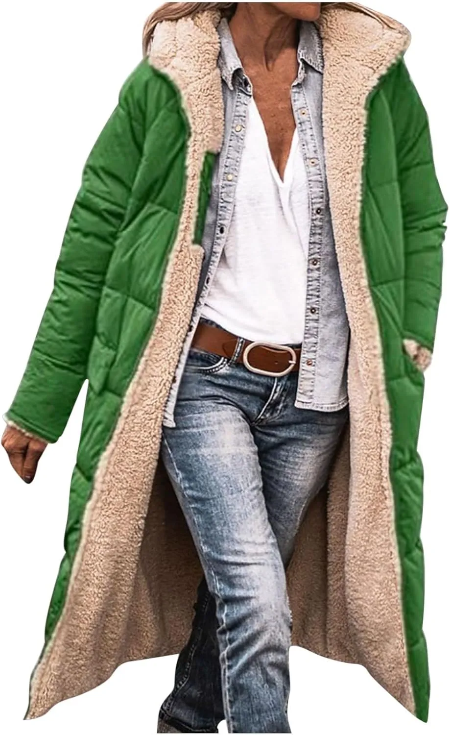 XUNRYAN Womens Winter Sherpa Puffer Jackets Zip Up Long Parka Quilted Lightweight Down Coat Fleece Lined Outdoor Anorak Hood