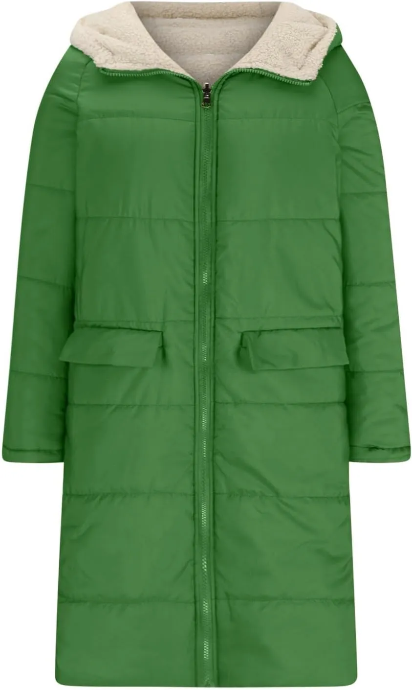 XUNRYAN Womens Winter Sherpa Puffer Jackets Zip Up Long Parka Quilted Lightweight Down Coat Fleece Lined Outdoor Anorak Hood