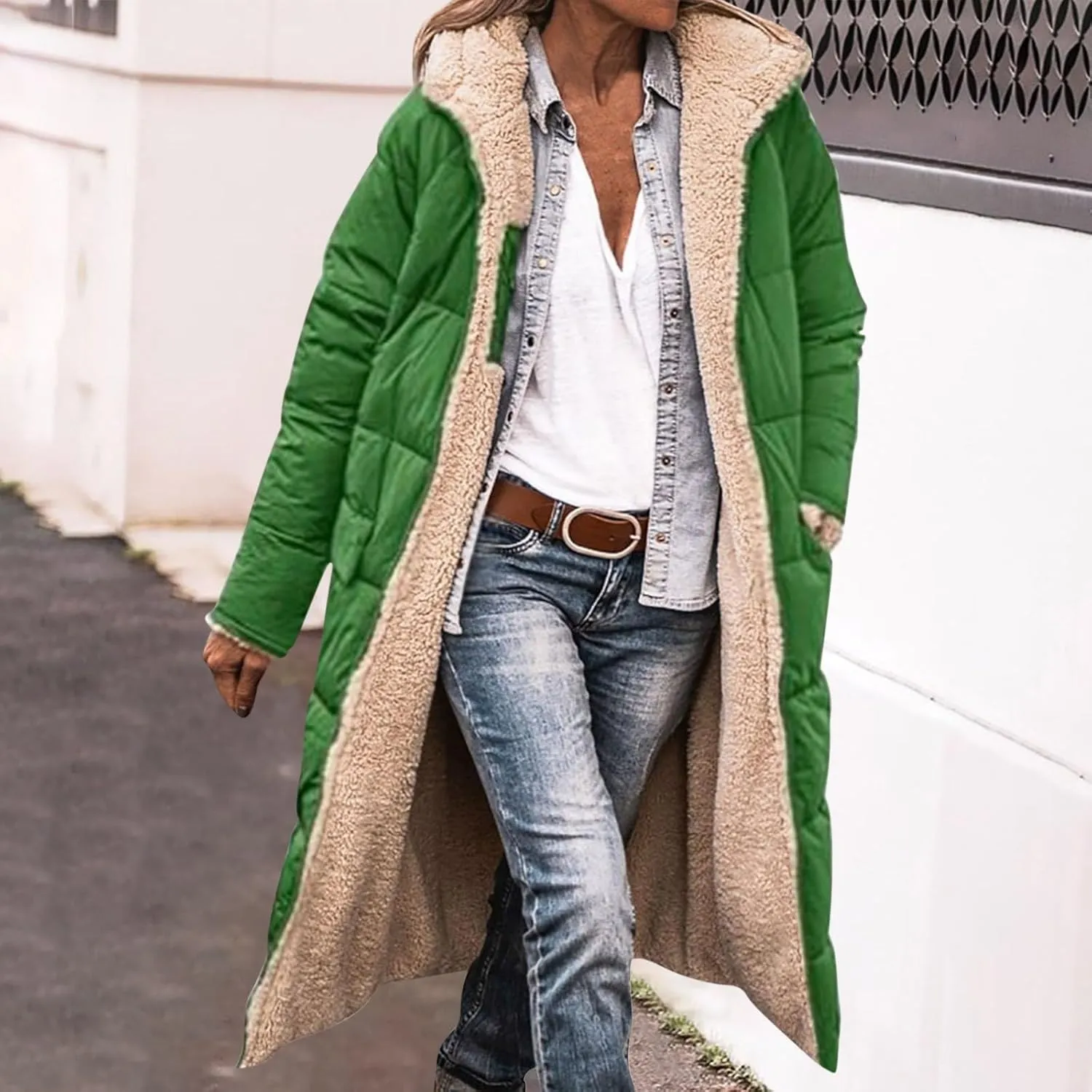 XUNRYAN Womens Winter Sherpa Puffer Jackets Zip Up Long Parka Quilted Lightweight Down Coat Fleece Lined Outdoor Anorak Hood