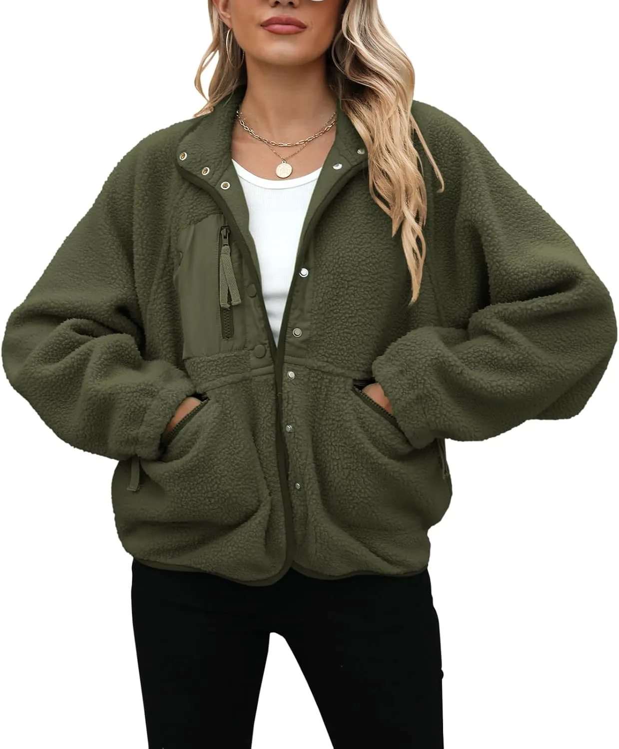 Yanekop Womens Fleece Jacket Fuzzy Long Sleeve Short Coats Button Down Sherpa Outerwear with Pockets