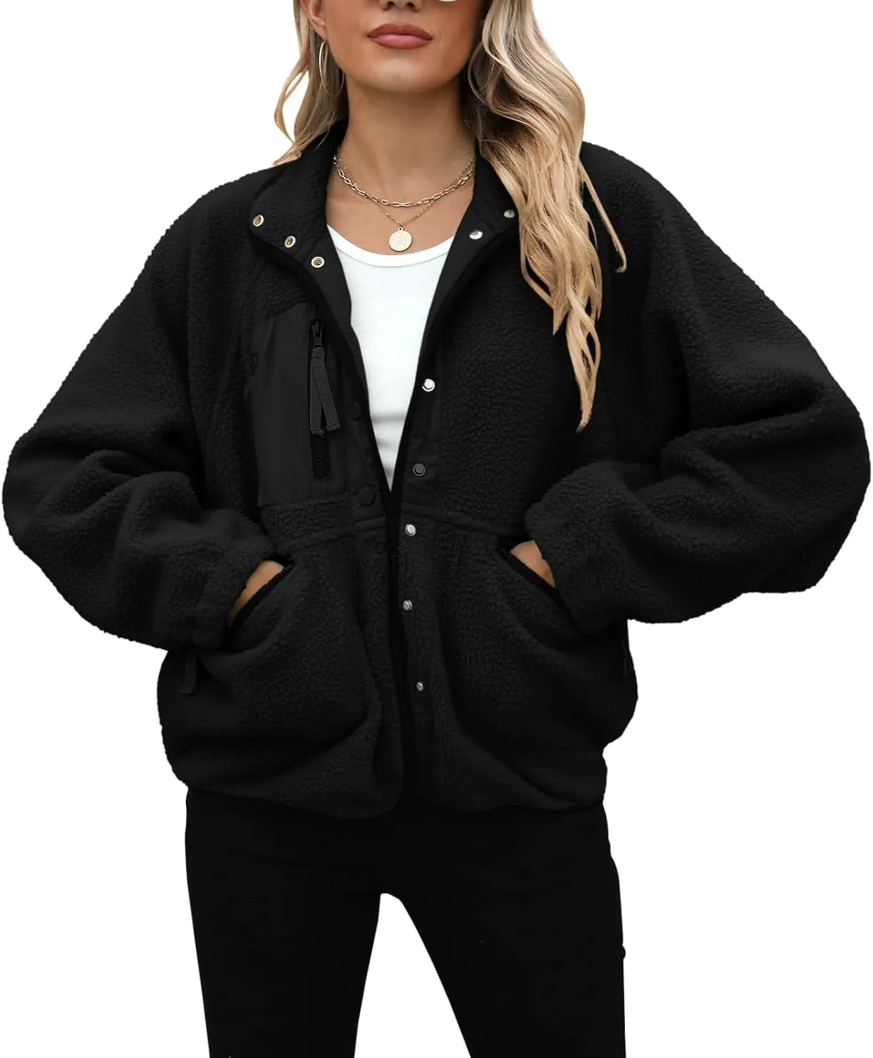Yanekop Womens Fleece Jacket Fuzzy Long Sleeve Short Coats Button Down Sherpa Outerwear with Pockets