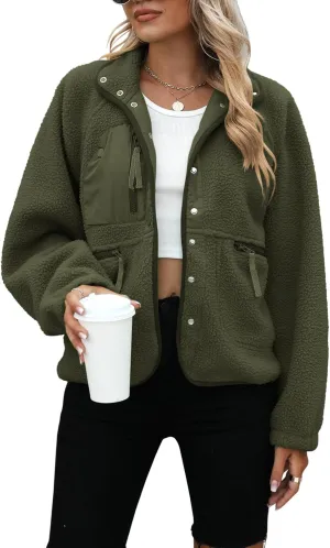 Yanekop Womens Fleece Jacket Fuzzy Long Sleeve Short Coats Button Down Sherpa Outerwear with Pockets