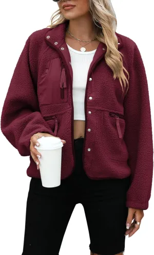 Yanekop Womens Fleece Jacket Fuzzy Long Sleeve Short Coats Button Down Sherpa Outerwear with Pockets