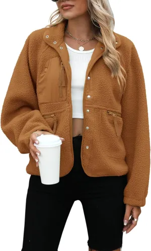 Yanekop Womens Fleece Jacket Fuzzy Long Sleeve Short Coats Button Down Sherpa Outerwear with Pockets