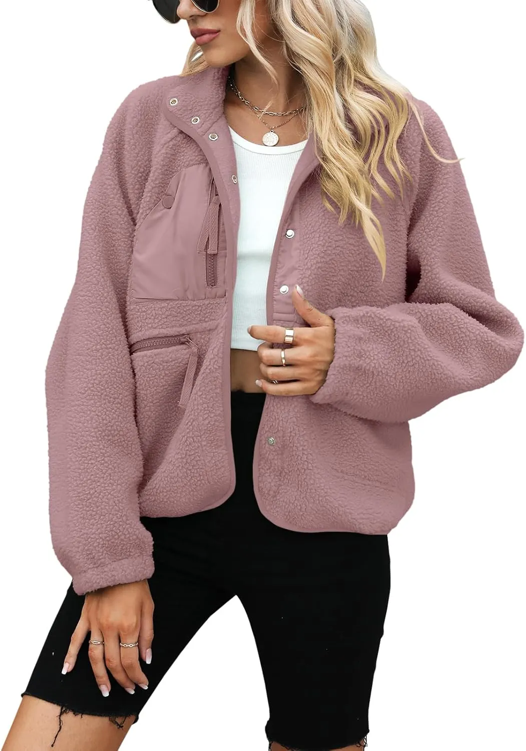 Yanekop Womens Fleece Jacket Fuzzy Long Sleeve Short Coats Button Down Sherpa Outerwear with Pockets