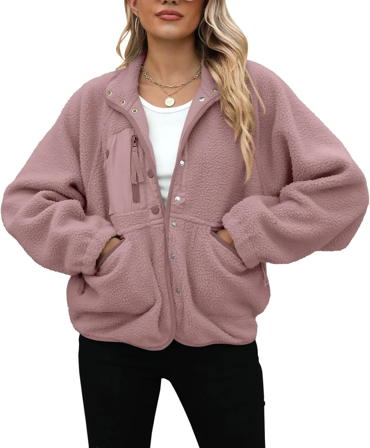 Yanekop Womens Fleece Jacket Fuzzy Long Sleeve Short Coats Button Down Sherpa Outerwear with Pockets
