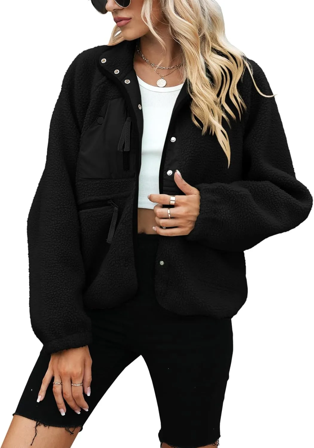 Yanekop Womens Fleece Jacket Fuzzy Long Sleeve Short Coats Button Down Sherpa Outerwear with Pockets
