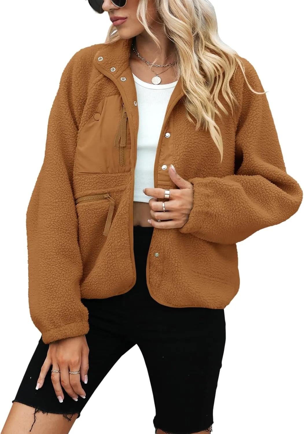 Yanekop Womens Fleece Jacket Fuzzy Long Sleeve Short Coats Button Down Sherpa Outerwear with Pockets