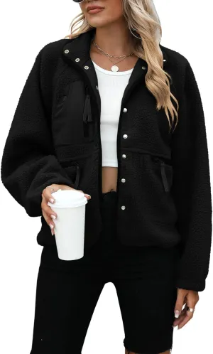 Yanekop Womens Fleece Jacket Fuzzy Long Sleeve Short Coats Button Down Sherpa Outerwear with Pockets