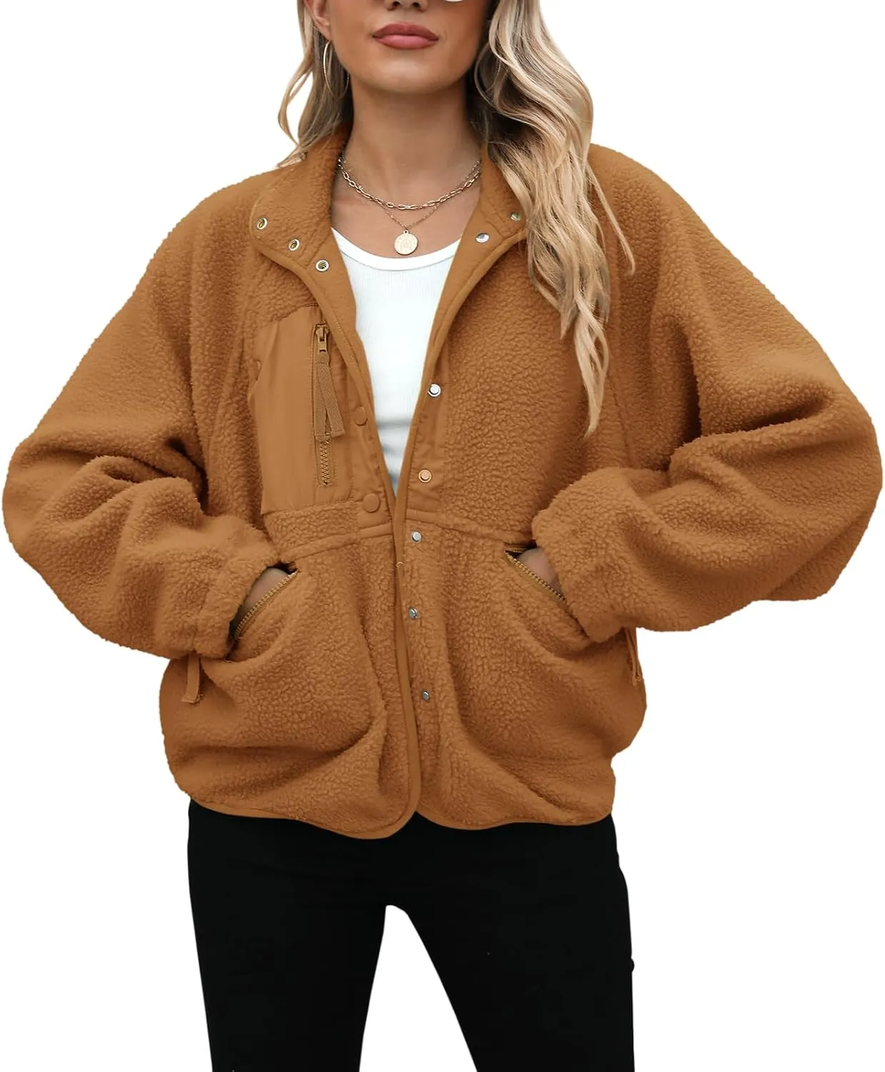 Yanekop Womens Fleece Jacket Fuzzy Long Sleeve Short Coats Button Down Sherpa Outerwear with Pockets
