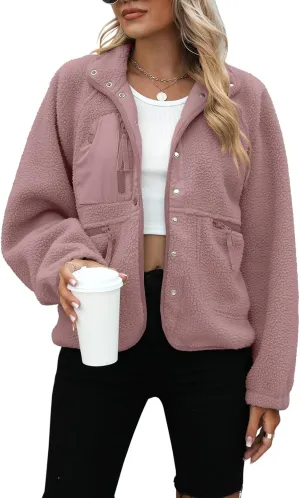Yanekop Womens Fleece Jacket Fuzzy Long Sleeve Short Coats Button Down Sherpa Outerwear with Pockets