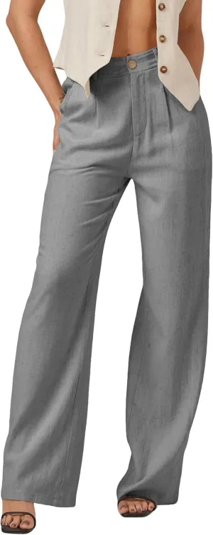 Yehopere Women's Linen Pants Summer Dressy Boho Wide Leg Flowy Straight Leg Trouser Beach Travel Vacation Outfits